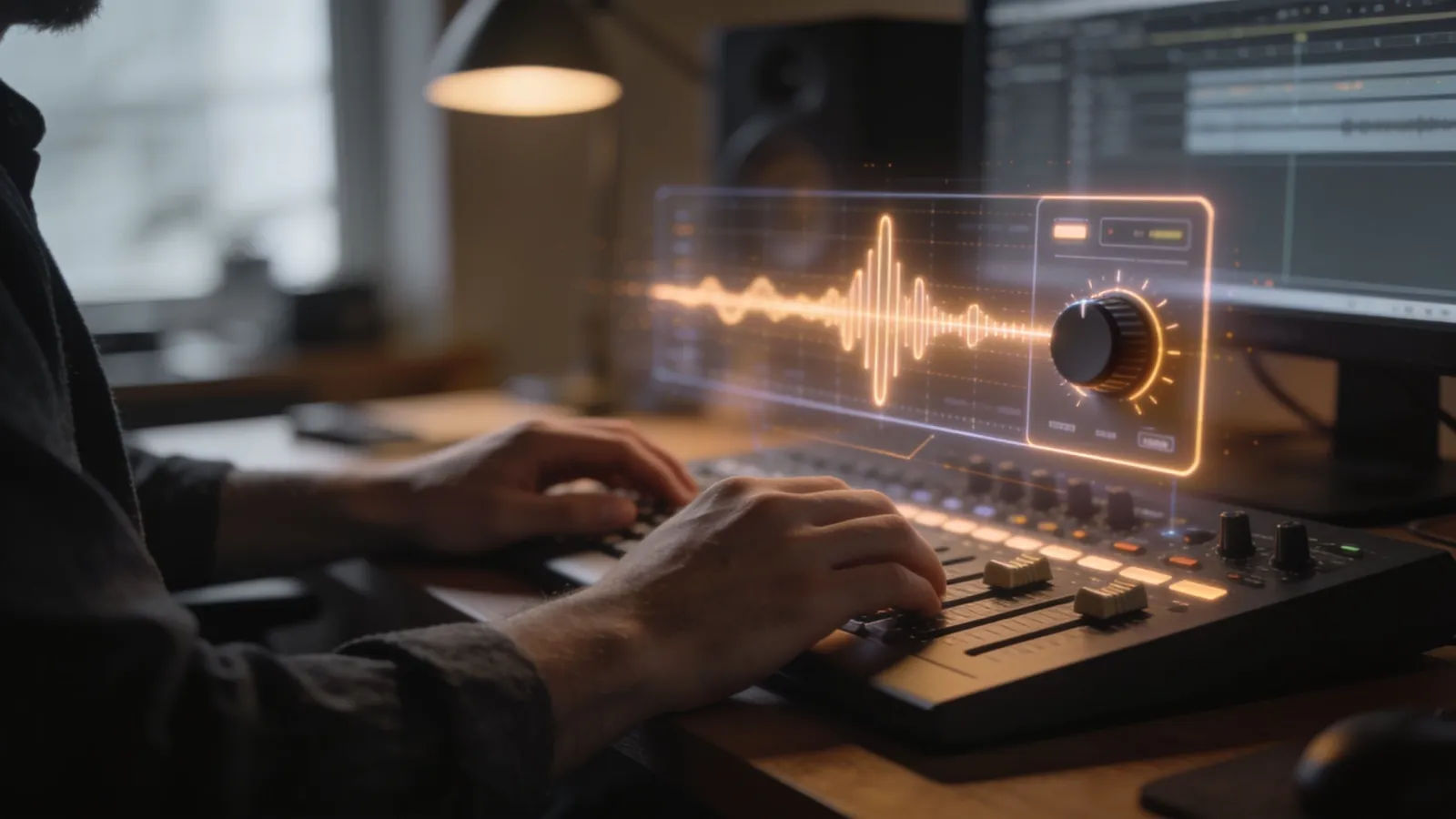Hands at a console with glowing audio interface