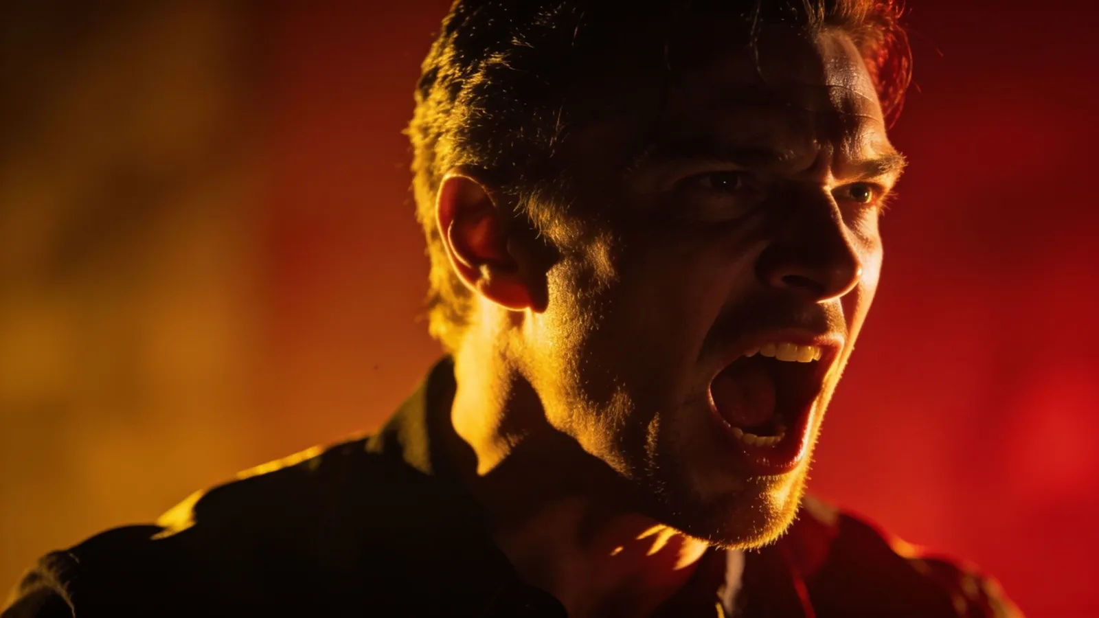 Commanding figure mid-shout in dramatic amber light