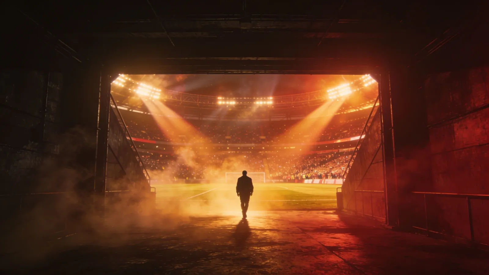 Lone figure striding into blazing stadium tunnel lights
