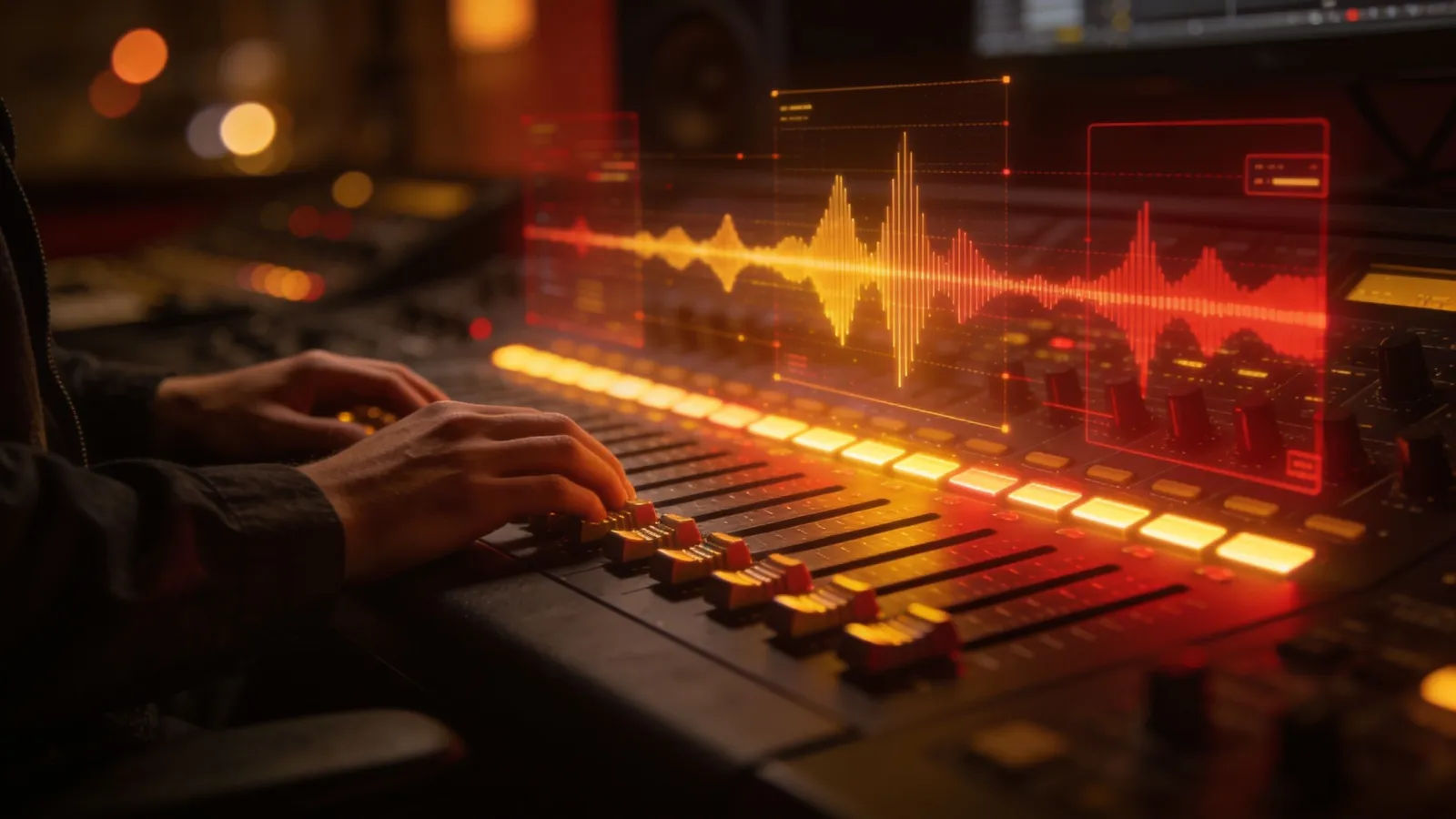Hands on audio console with amber intensity UI
