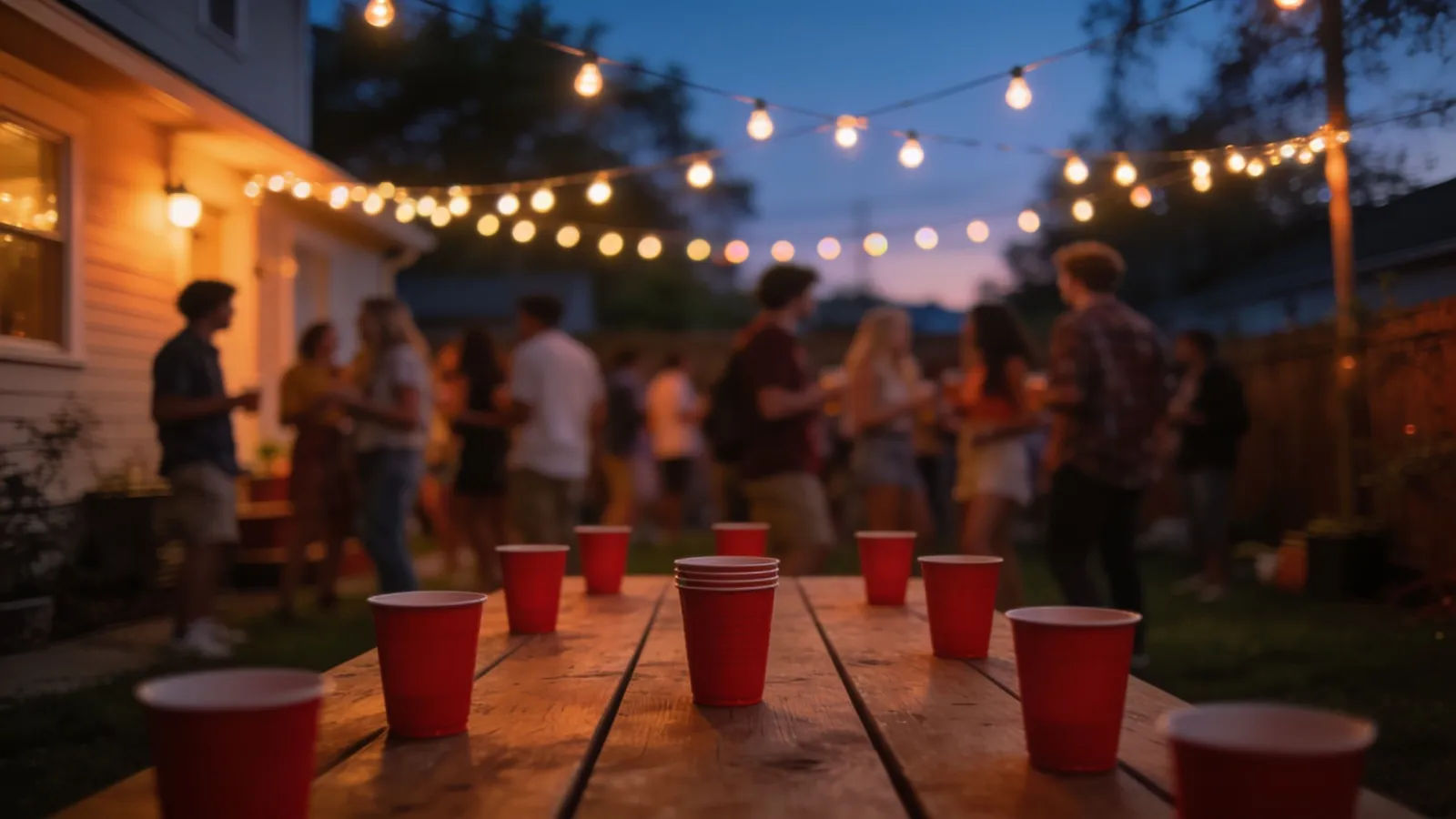 Lively college house-party backyard at dusk with string lights