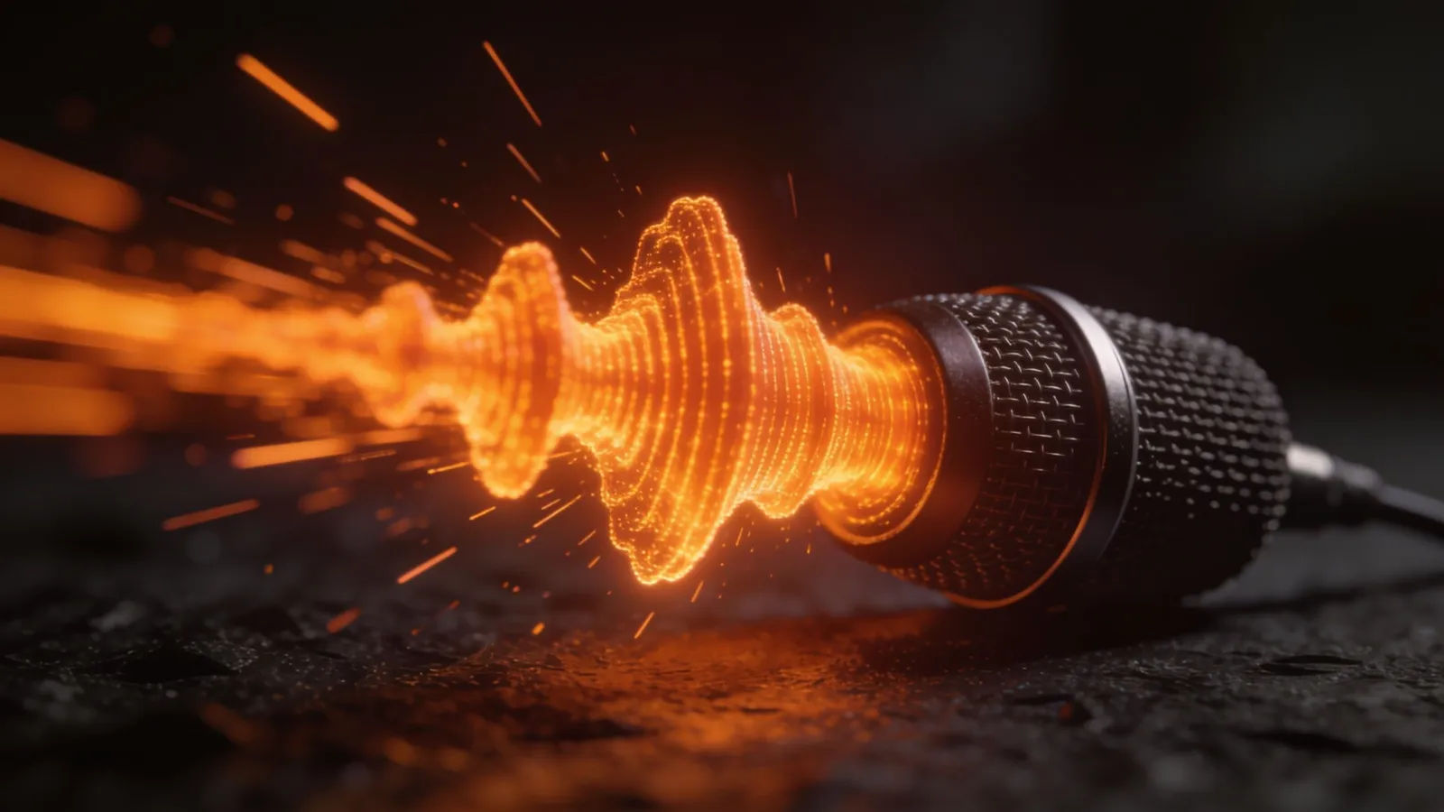 Bold orange waveform bursting over a dynamic microphone, macro