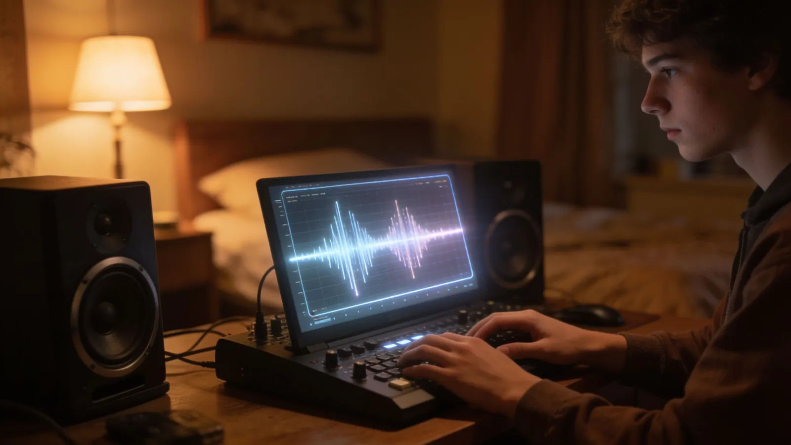 Young creators hands at compact desktop audio setup