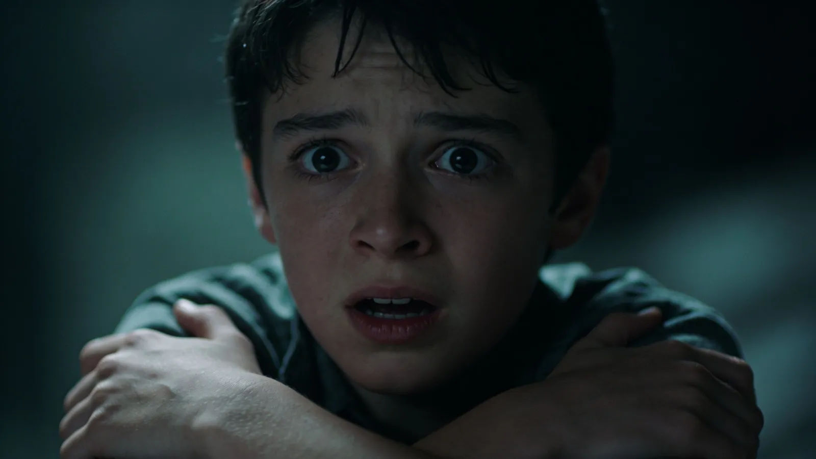 Terrified young person trembling in dim cold light