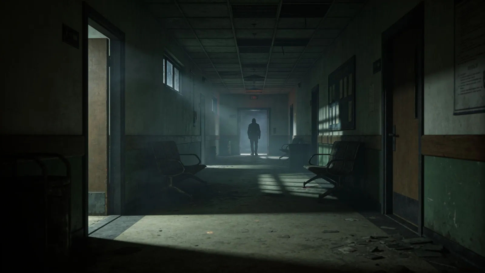 Eerie abandoned corridor with lone frozen silhouette