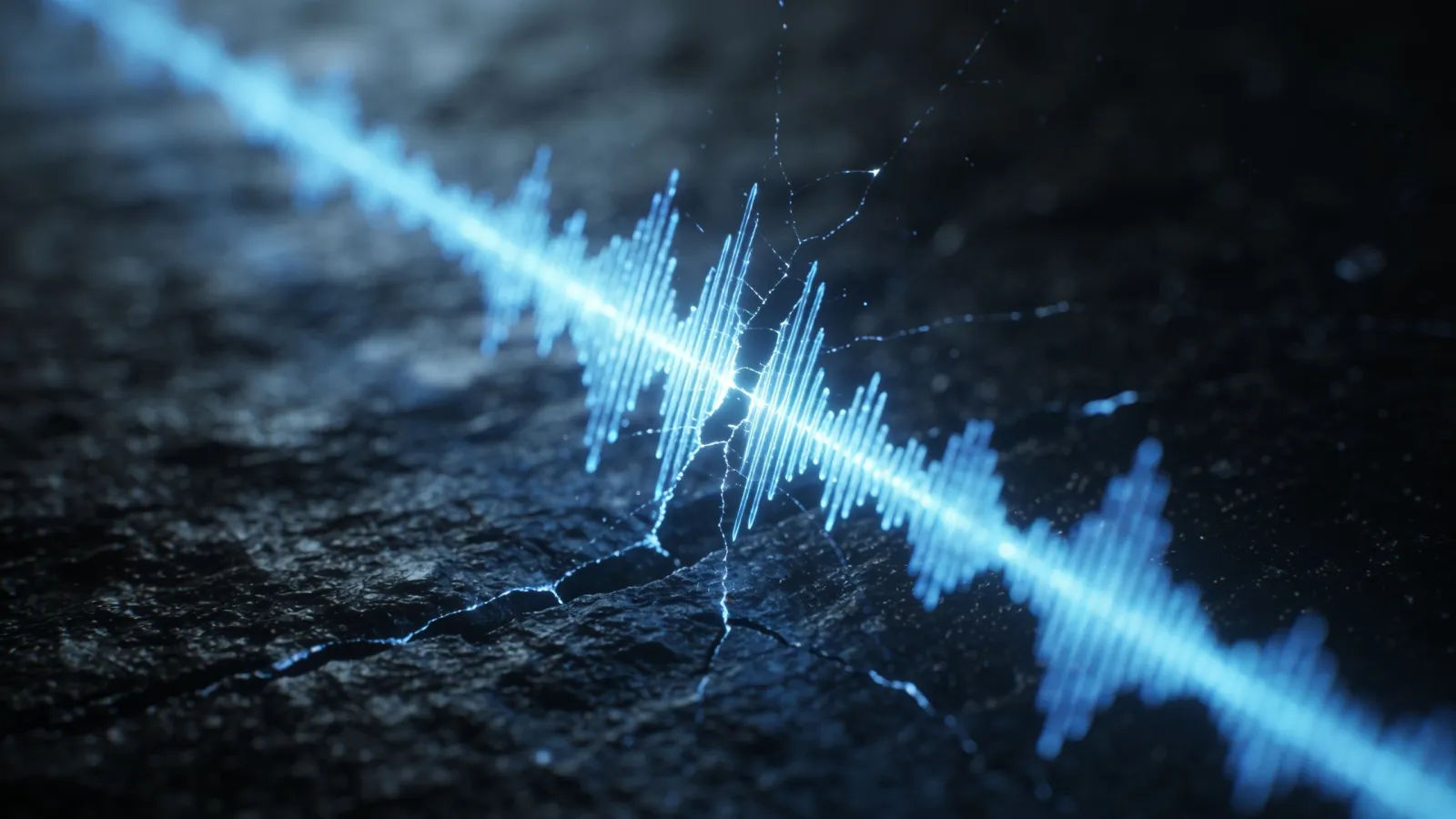 Trembling blue audio waveform fracturing on black