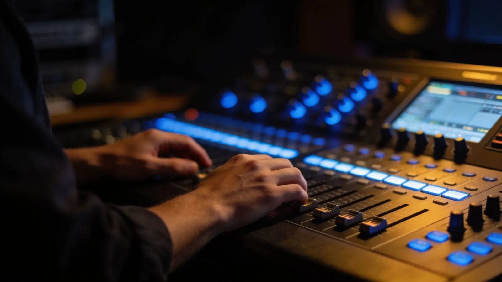 Hands at dark console with glowing audio panels