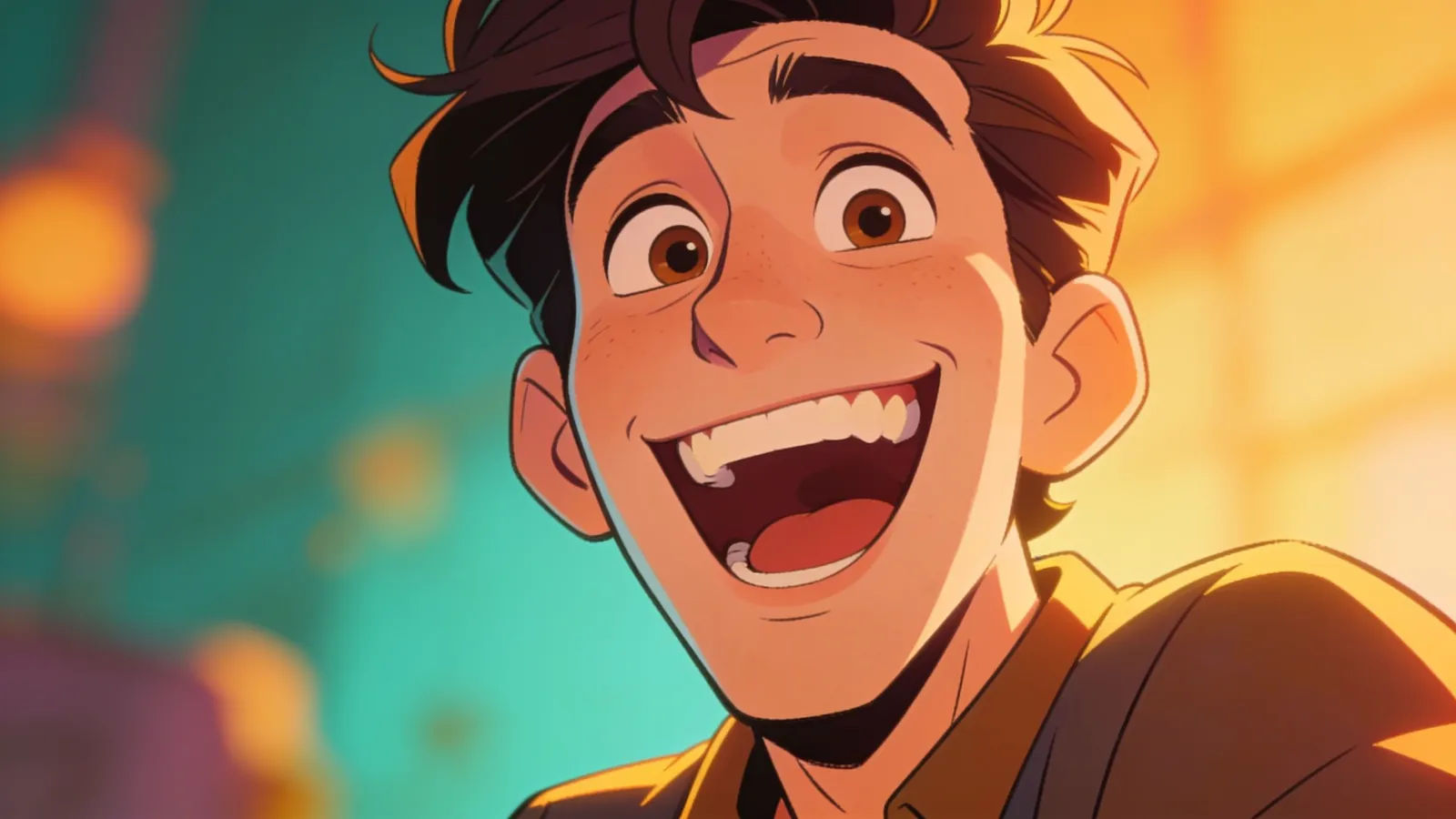 Goofy comic performer mid-laugh in cinematic portrait