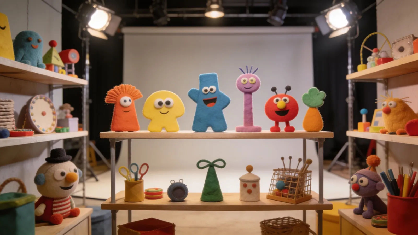 Colorful comedy animation studio set, wide shot