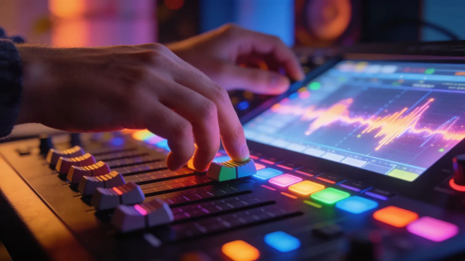 Hands at illuminated audio console with colorful UI