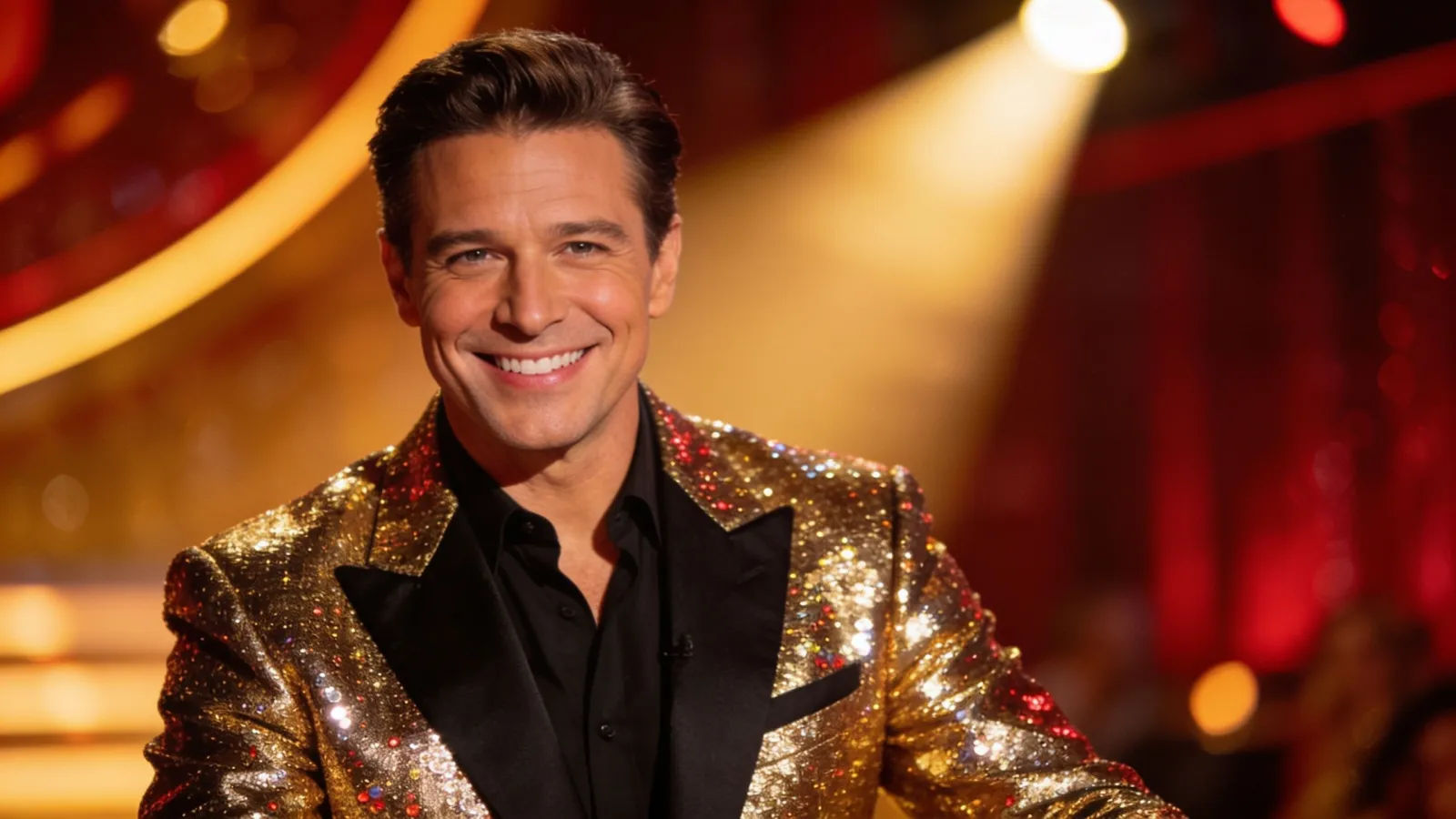 Charismatic game-show emcee in sequined jacket, spotlit