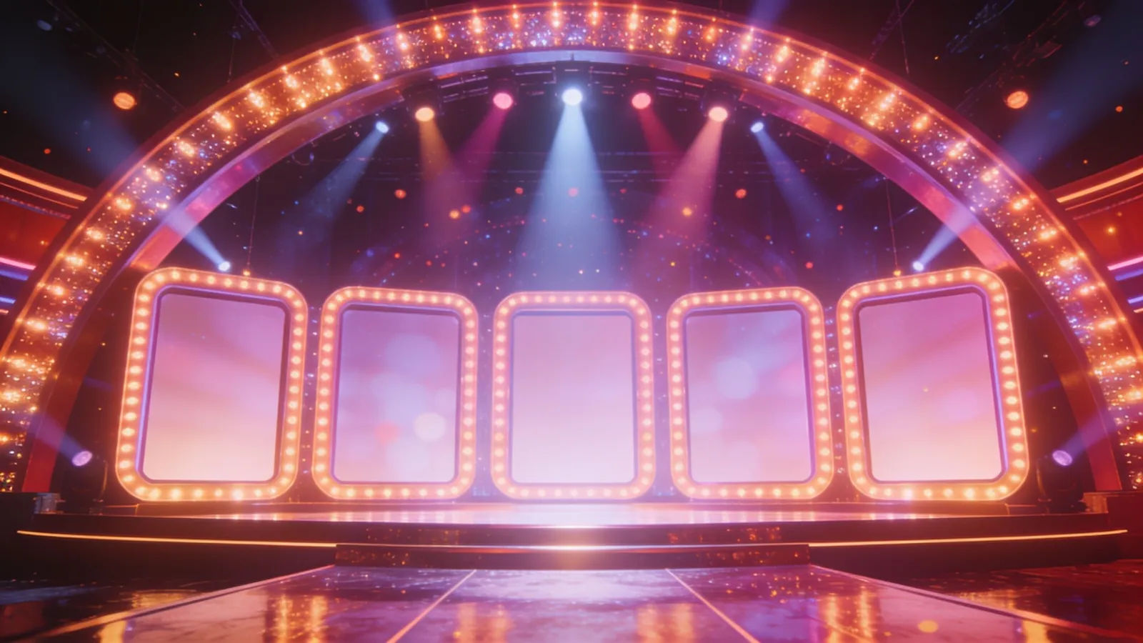 Glitzy game-show stage with arch lights and spotlights