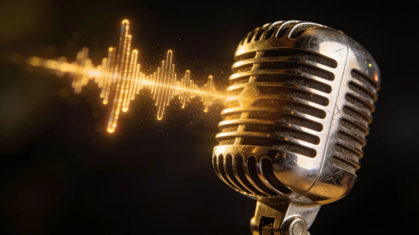 Chrome microphone under spotlight with golden waveform
