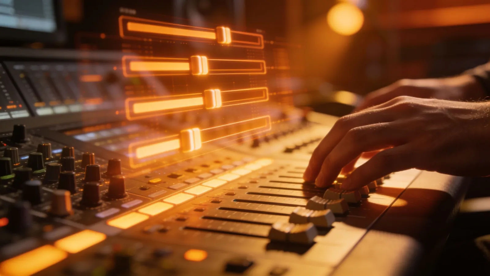 Hands at a bright console with glowing amber audio UI