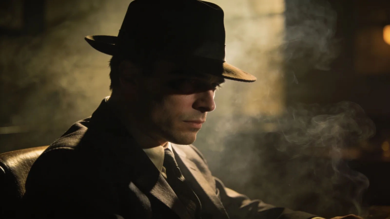 Noir crime figure in a dim smoky room