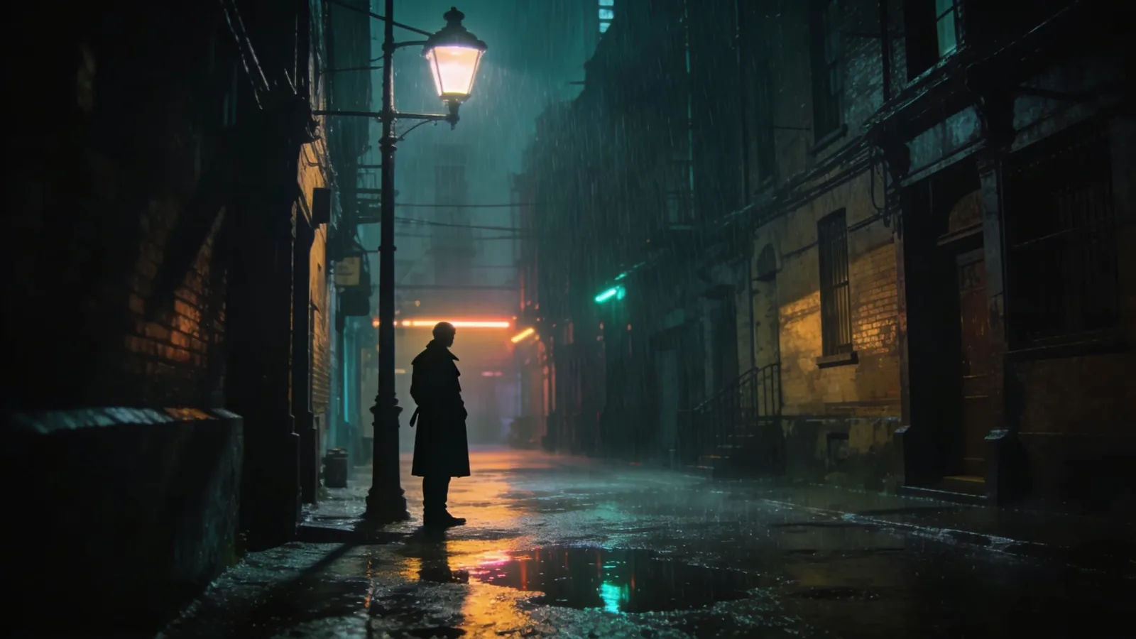 Rain-slicked neon alley with a lone silhouette