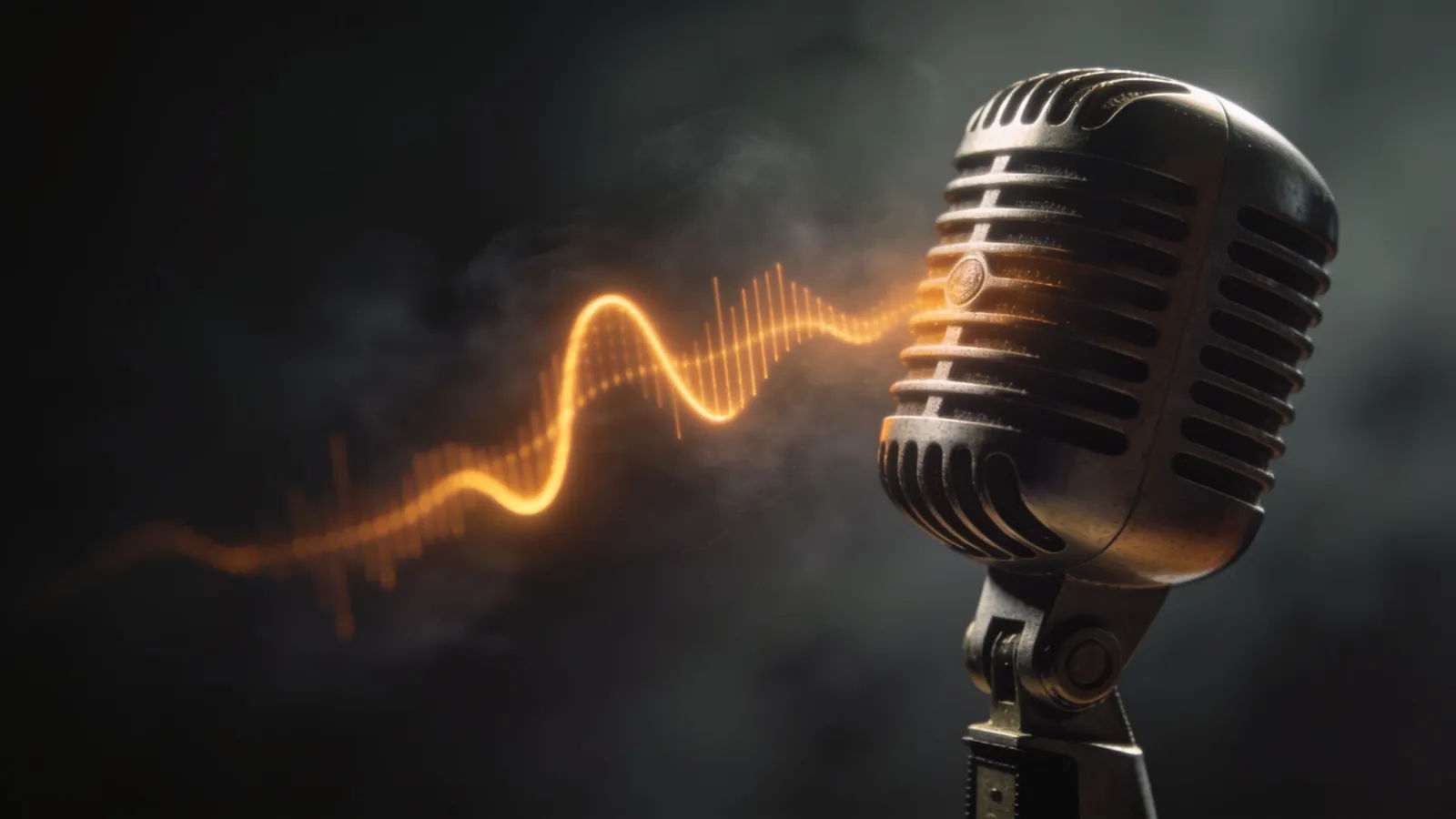 Vintage microphone with glowing amber waveform