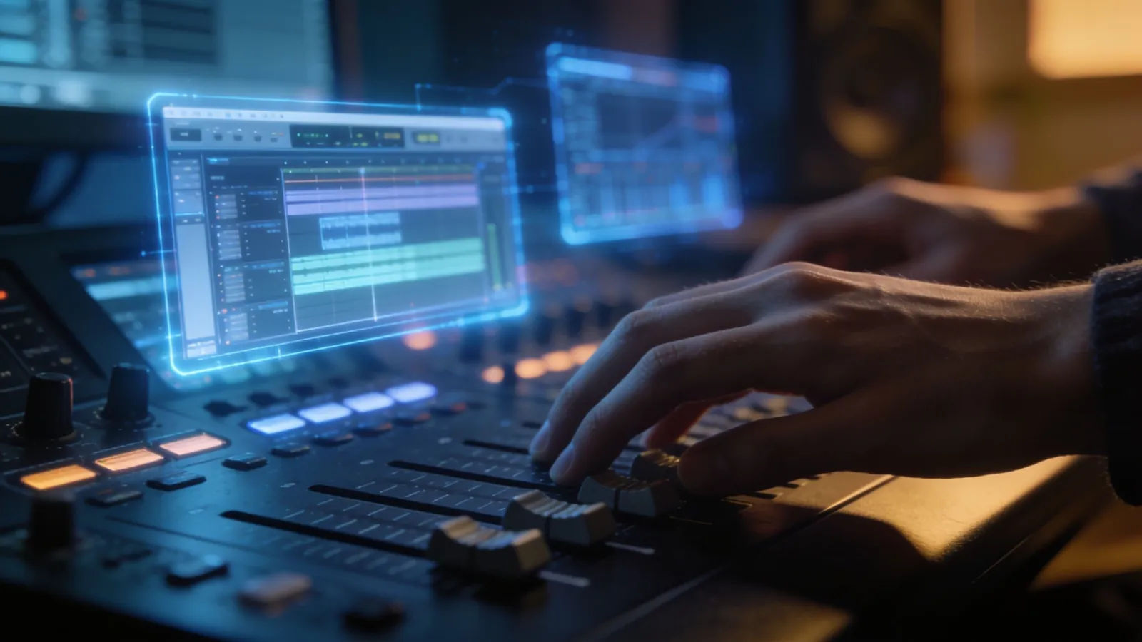 Hands at a dark mixing console with audio UI