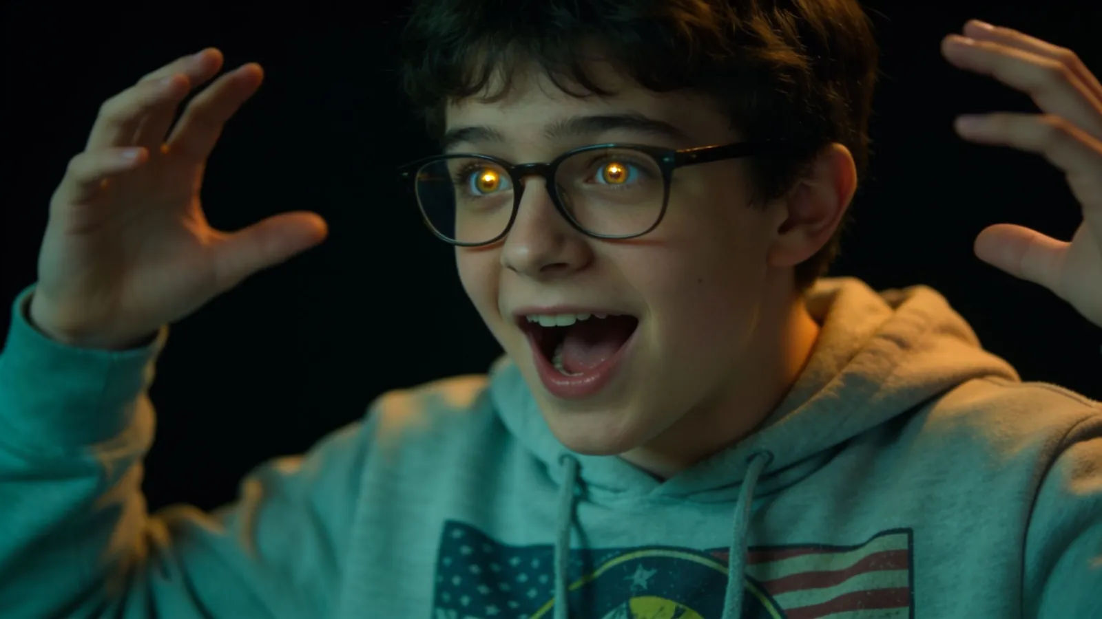 Enthusiastic bespectacled young person mid excited explanation