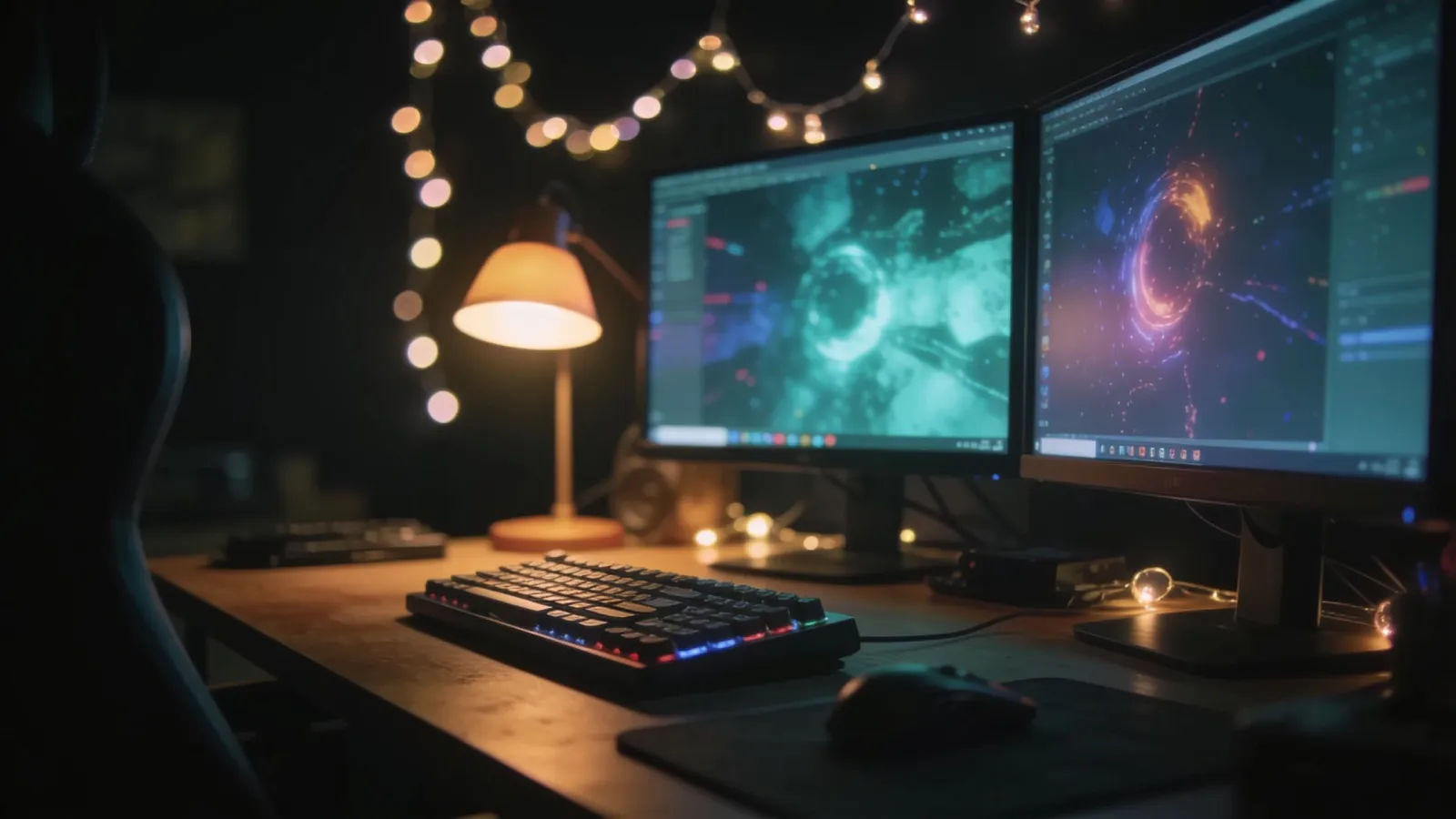 Cozy night-time creator desk with glowing monitors