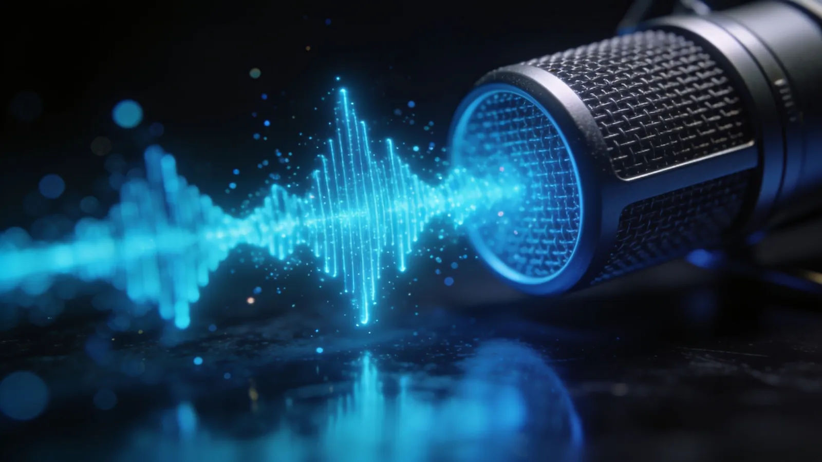 Glowing cyan waveform rising from a studio microphone