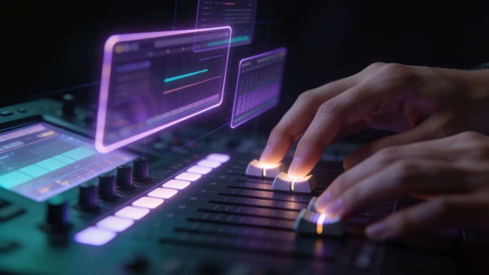 Hands at a console with floating audio UI