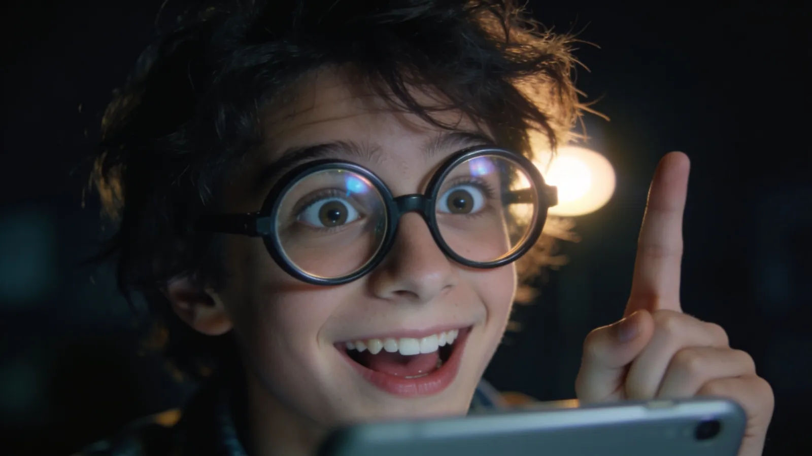 Excitable nerd with oversized glasses mid-explanation