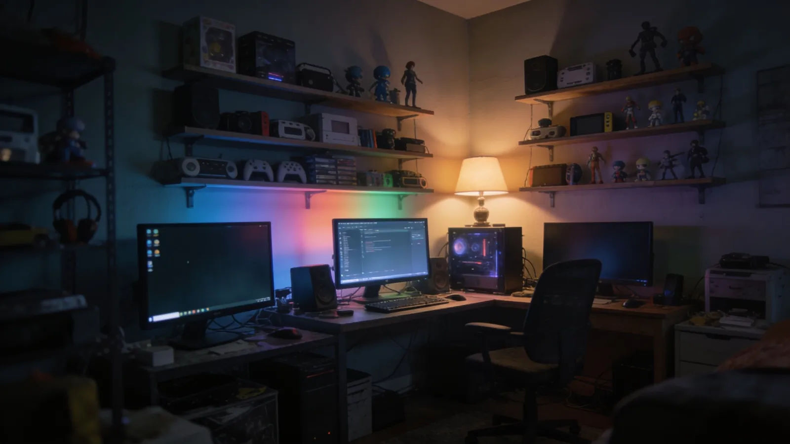 Cozy cluttered tech den and gaming nook