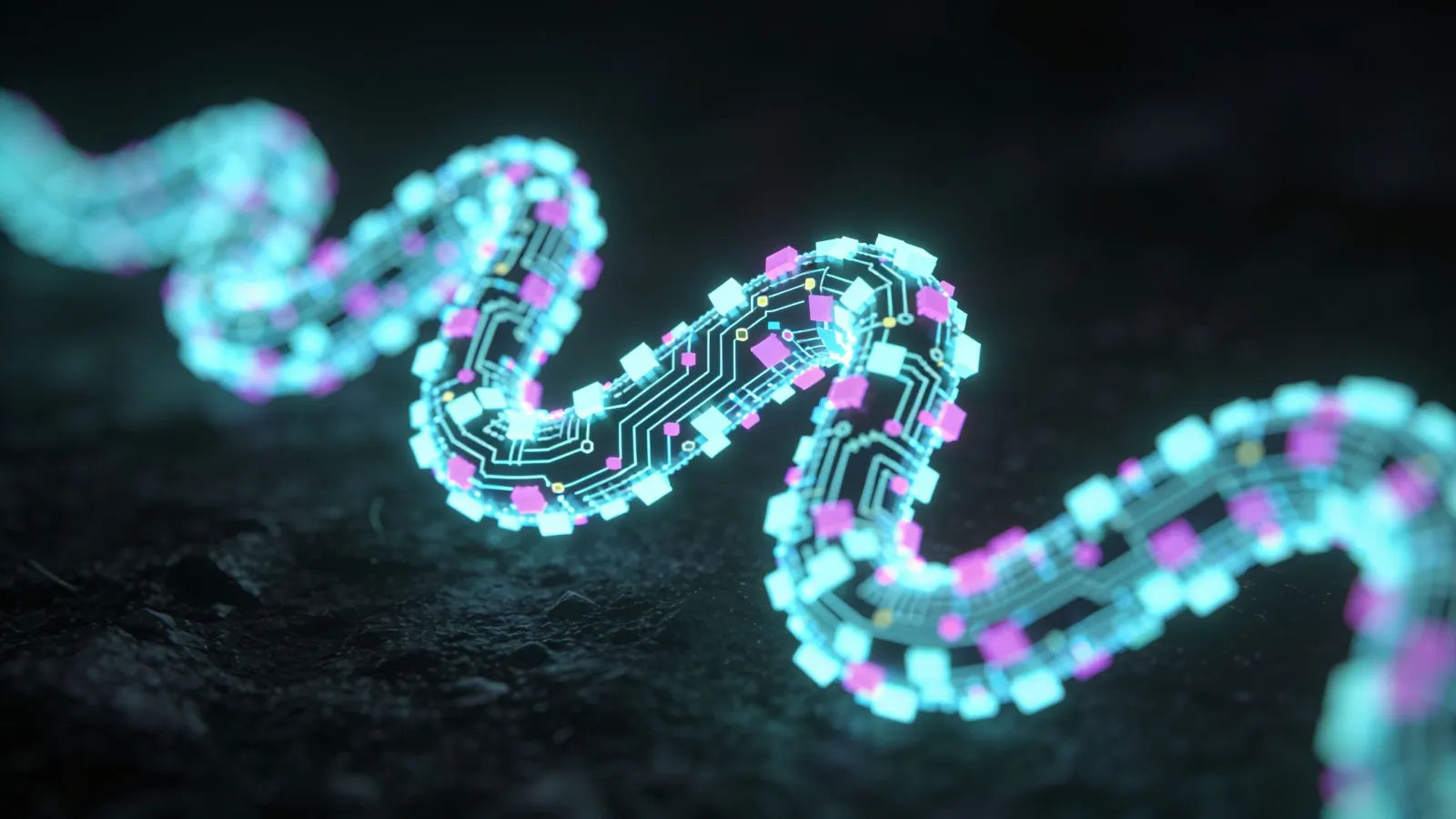 Glowing waveform built from pixels and circuits