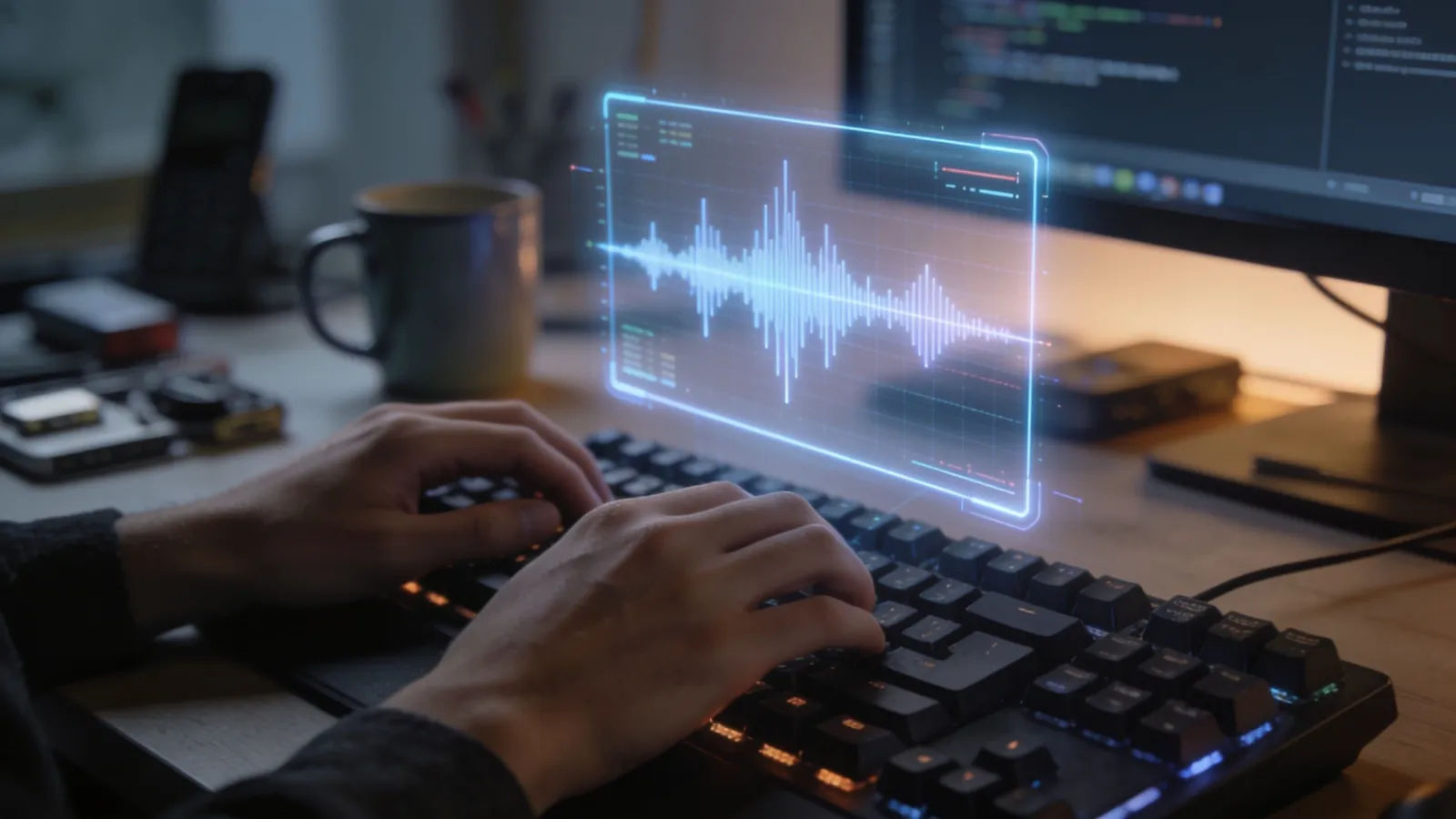 Hands on a keyboard with audio waveform