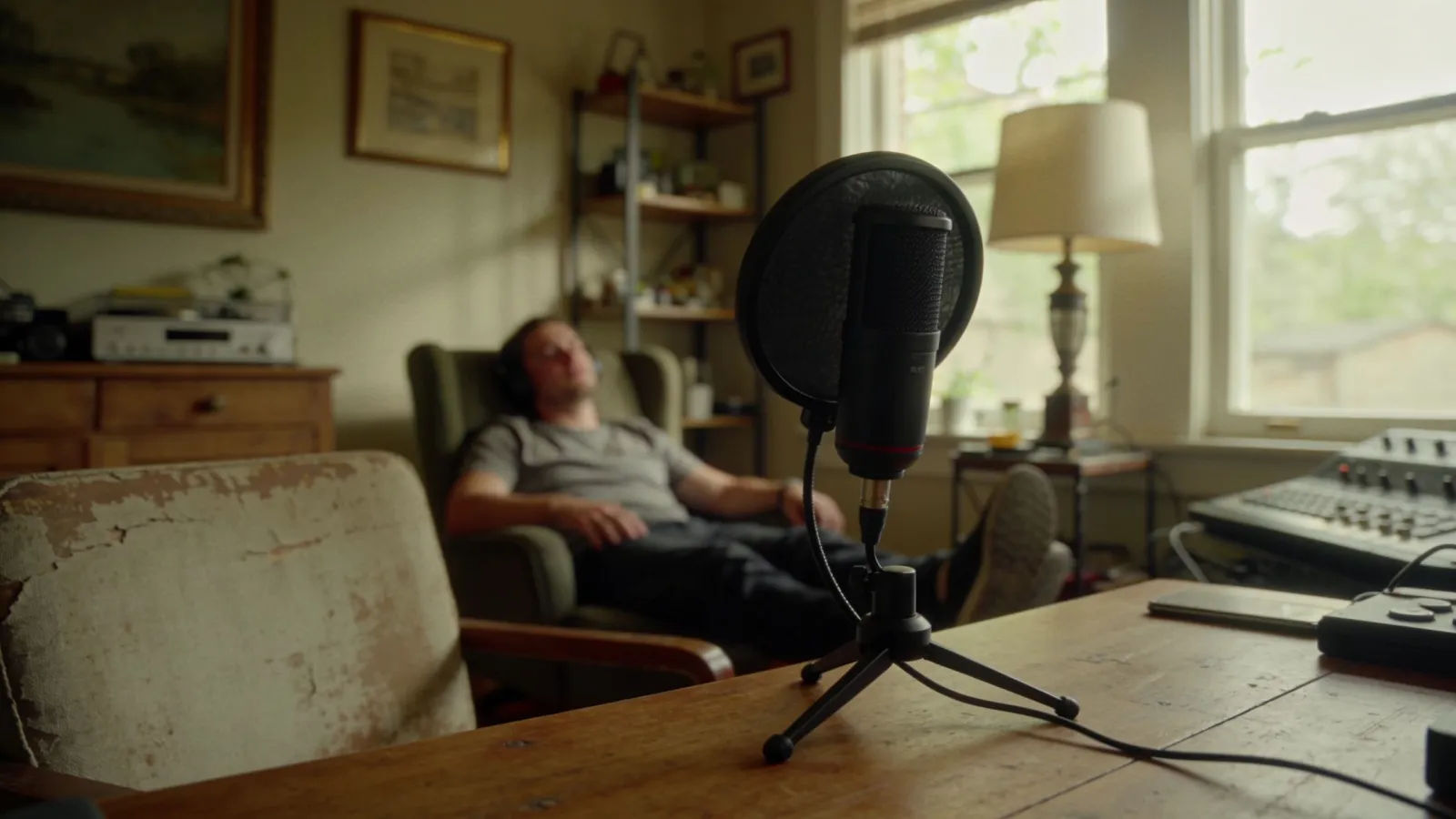 Lived-in sunlit home studio with microphone