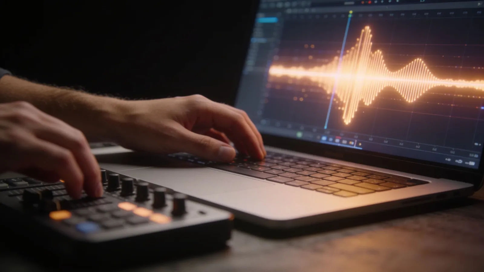 Hands at laptop with audio interface