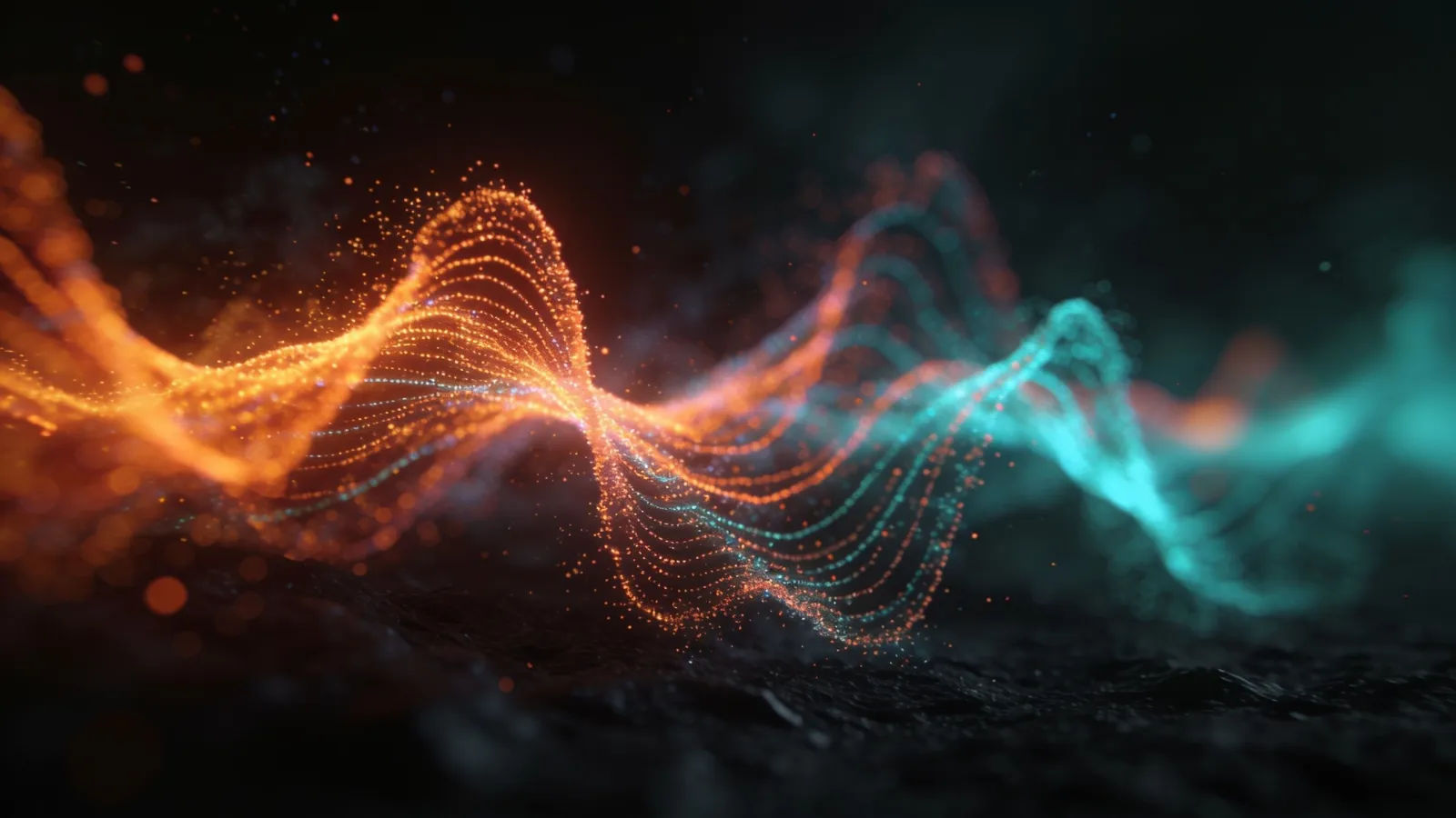 Glowing coral and teal sound waveform in darkness