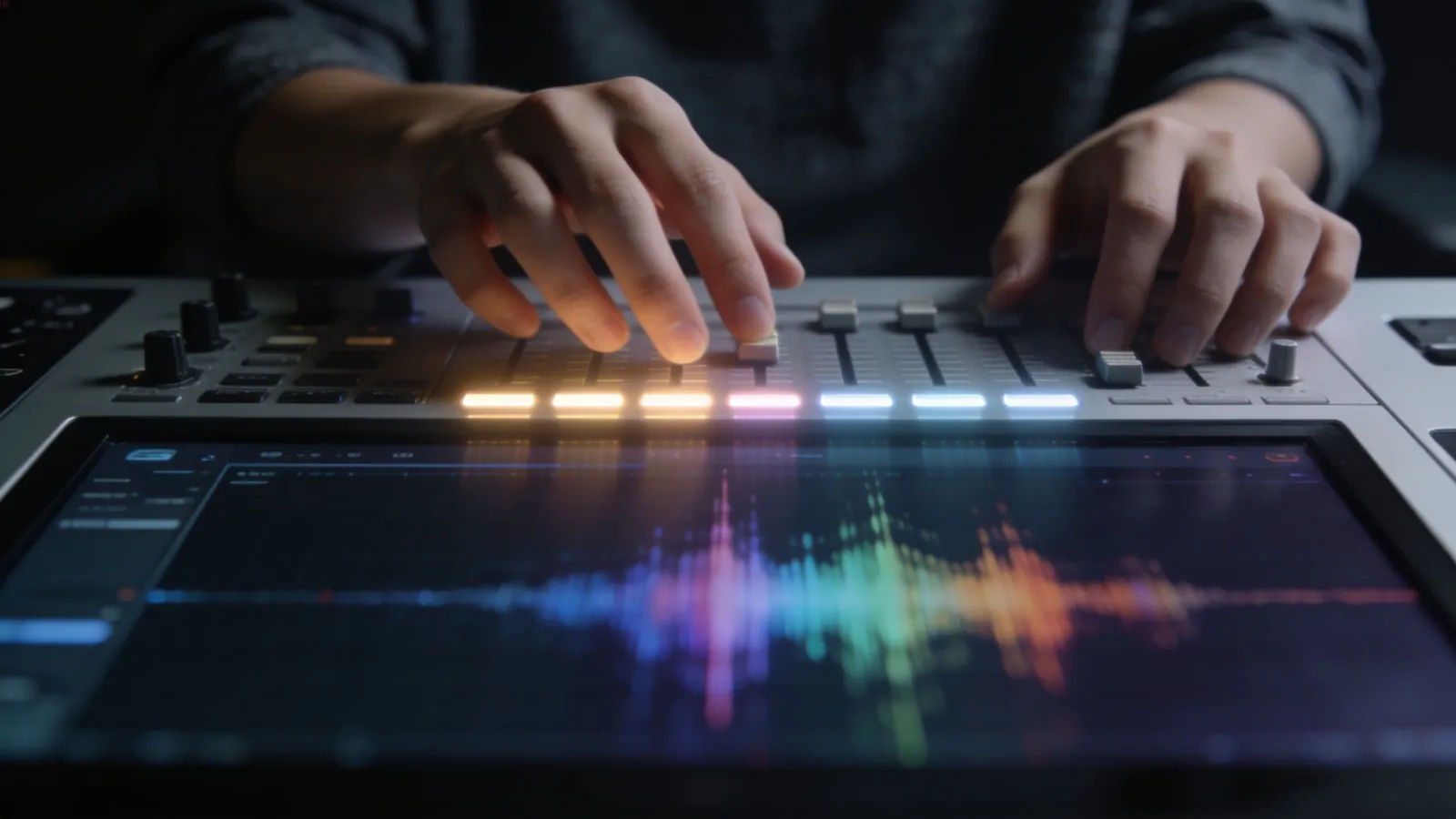 Young creators hands over desktop audio console