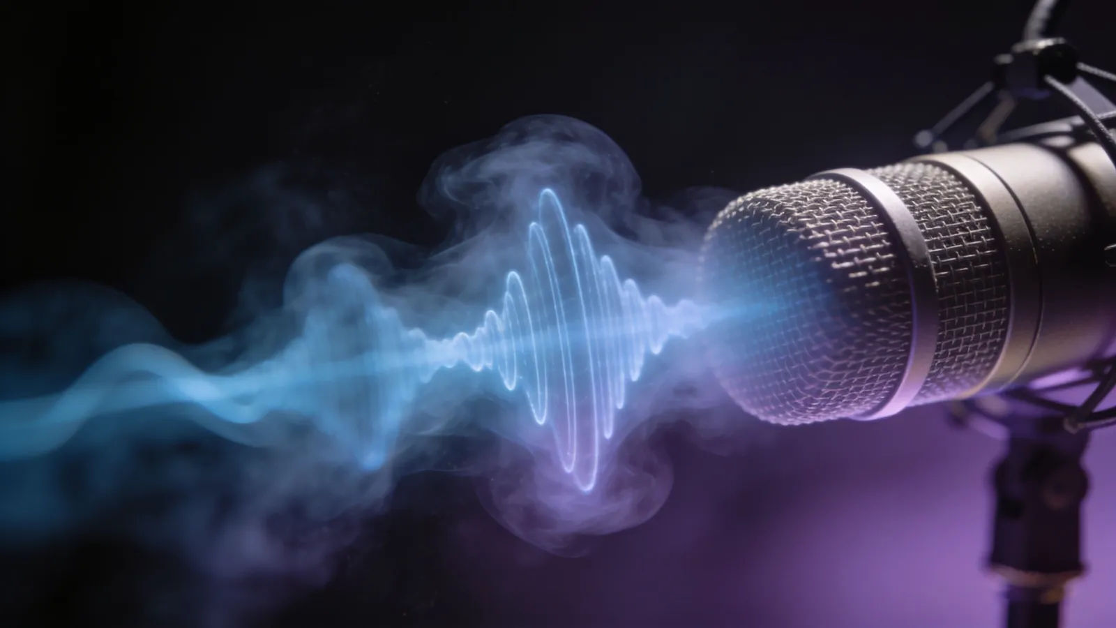 Pale blue misty waveform beside a microphone