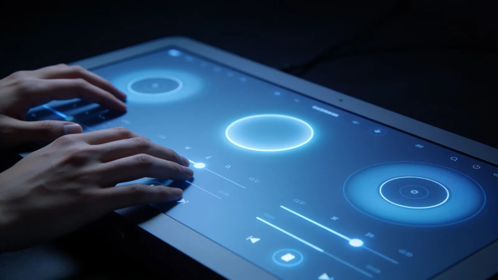 Hands on minimalist console, soft blue UI