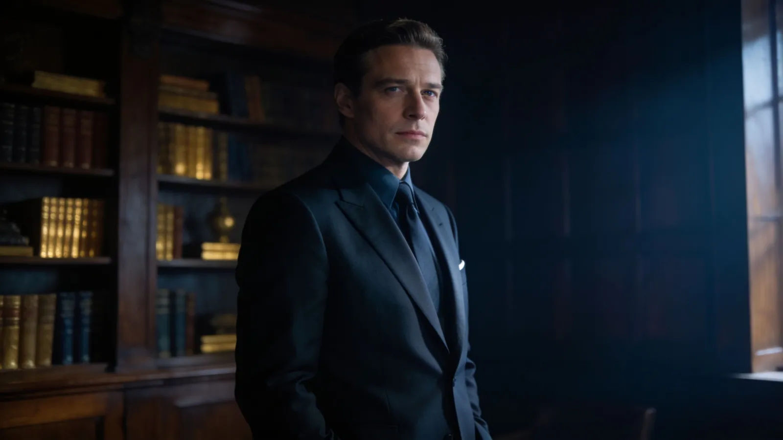 Refined gentleman in a suit in a dim study