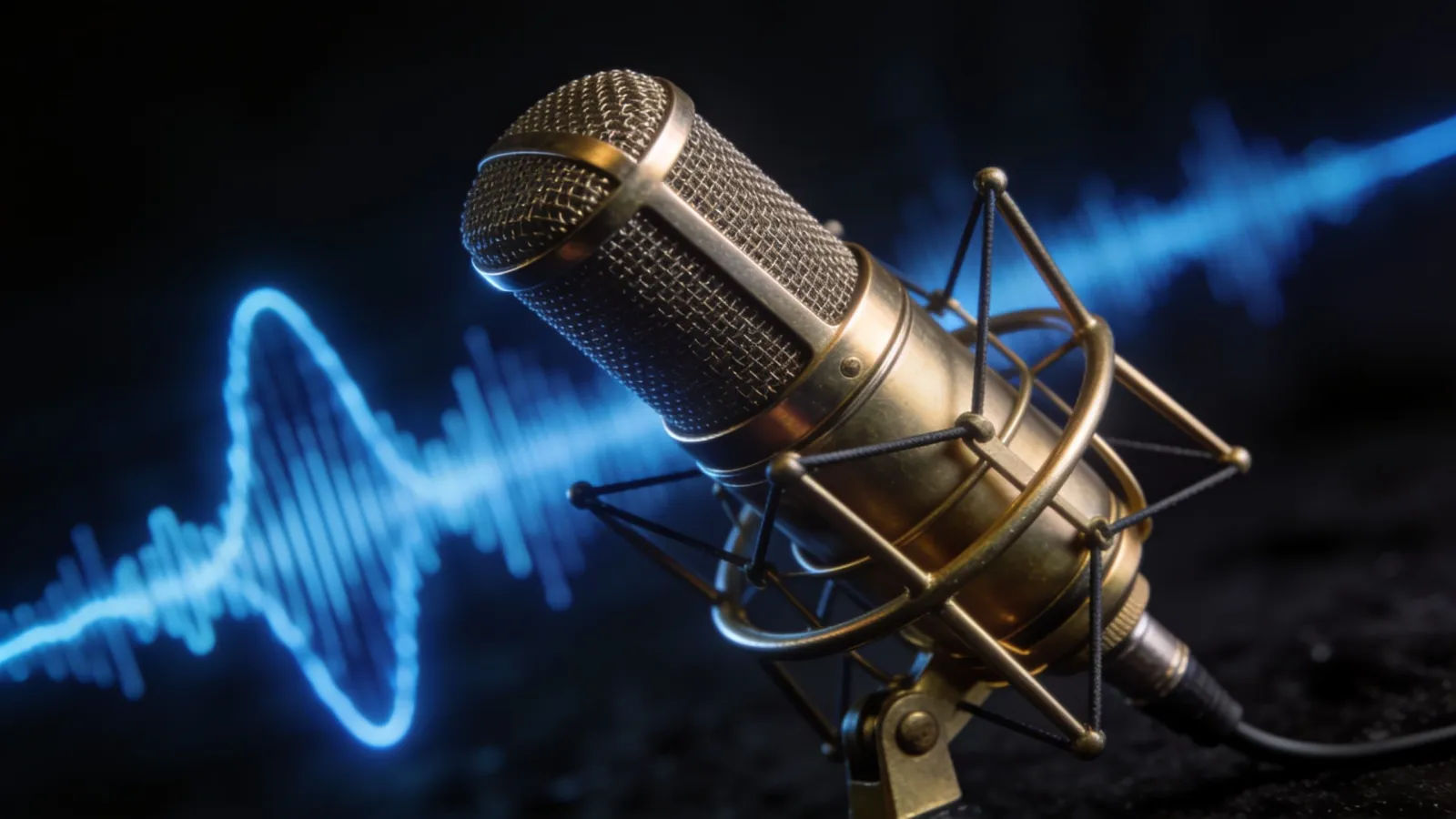 Brass microphone with a deep blue soundwave