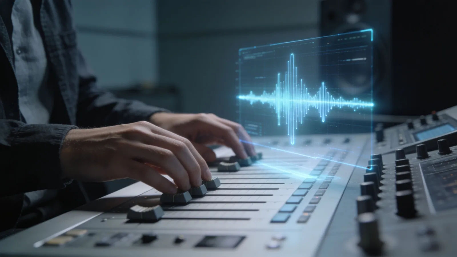 Hands at a sleek console with cool waveform interface