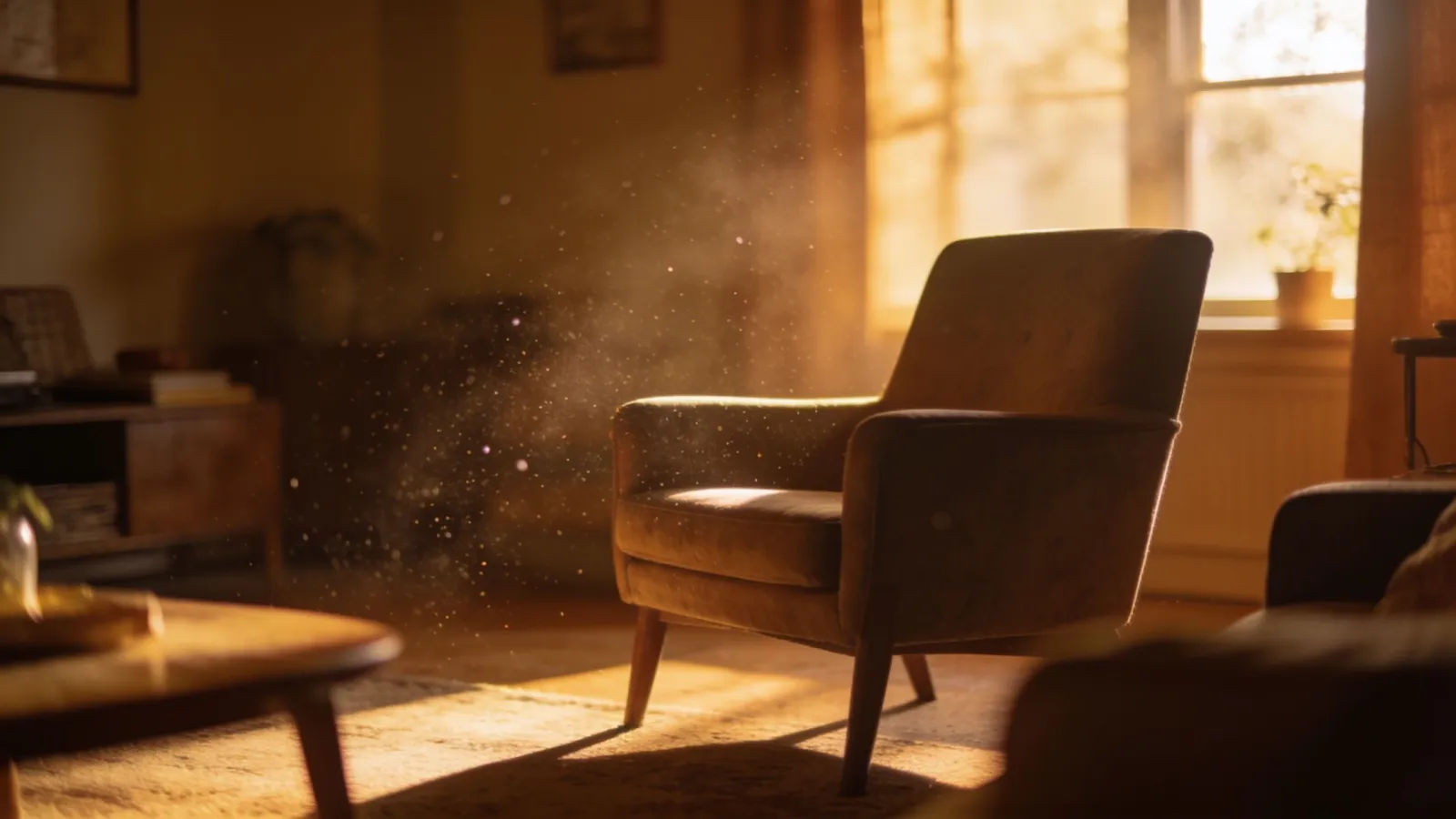Cozy sunlit living room with empty armchair