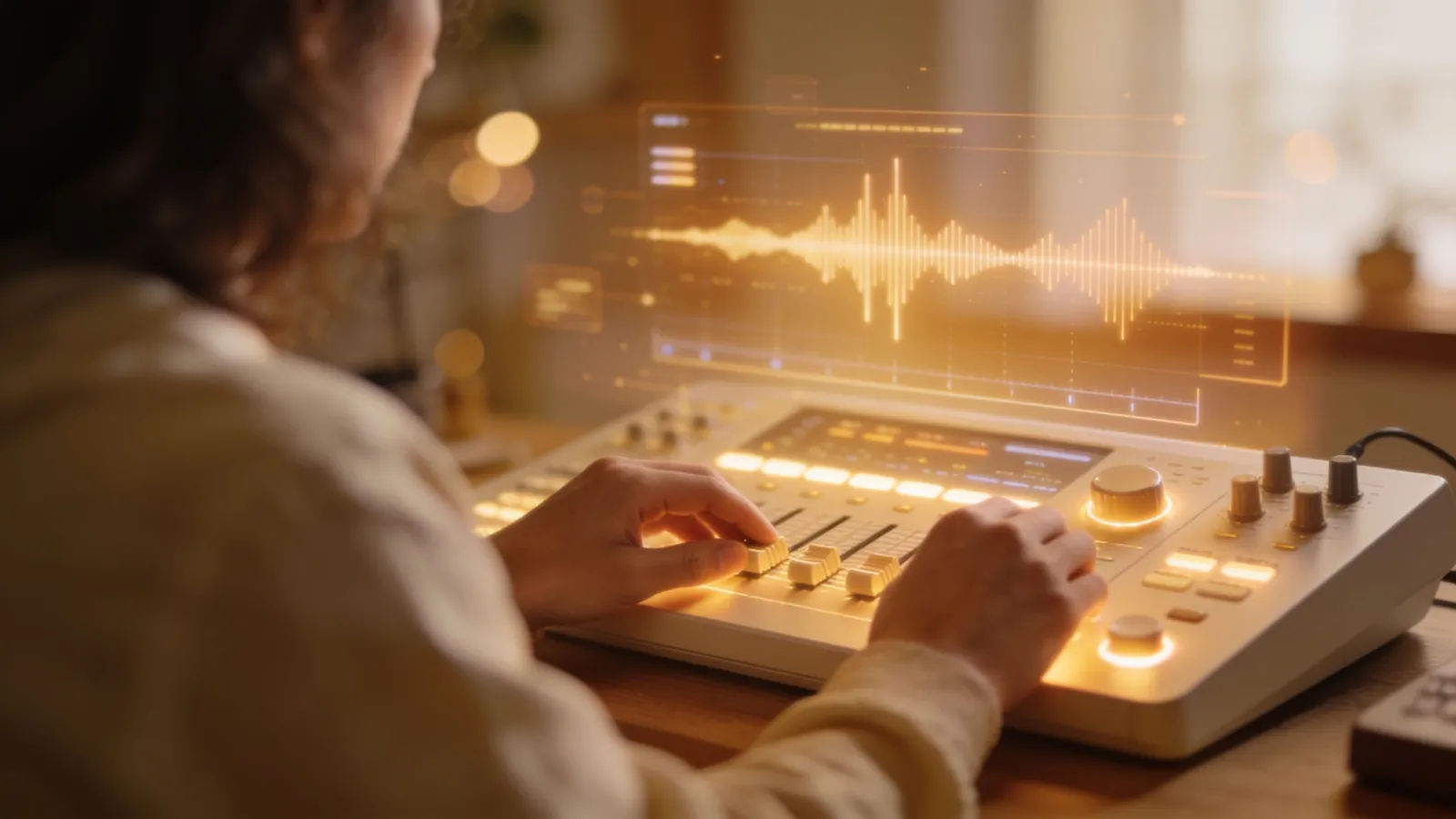 Hands adjusting warm glowing audio interface