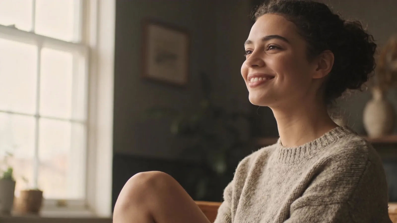 Warm relatable woman with soft smile, window light