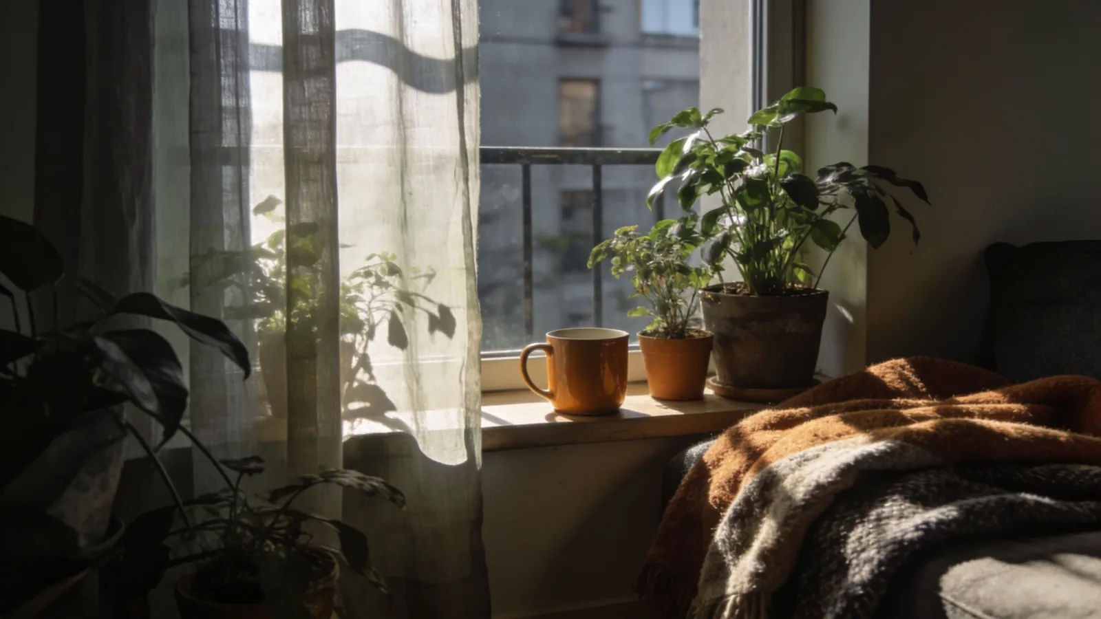 Cozy sunlit apartment corner with plants and blankets