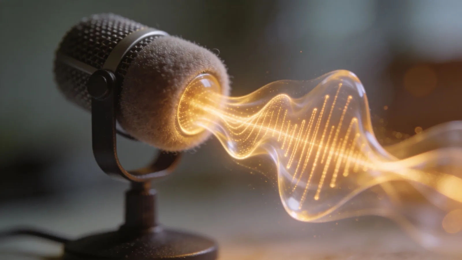 Cozy desktop microphone with soft warm golden waveform