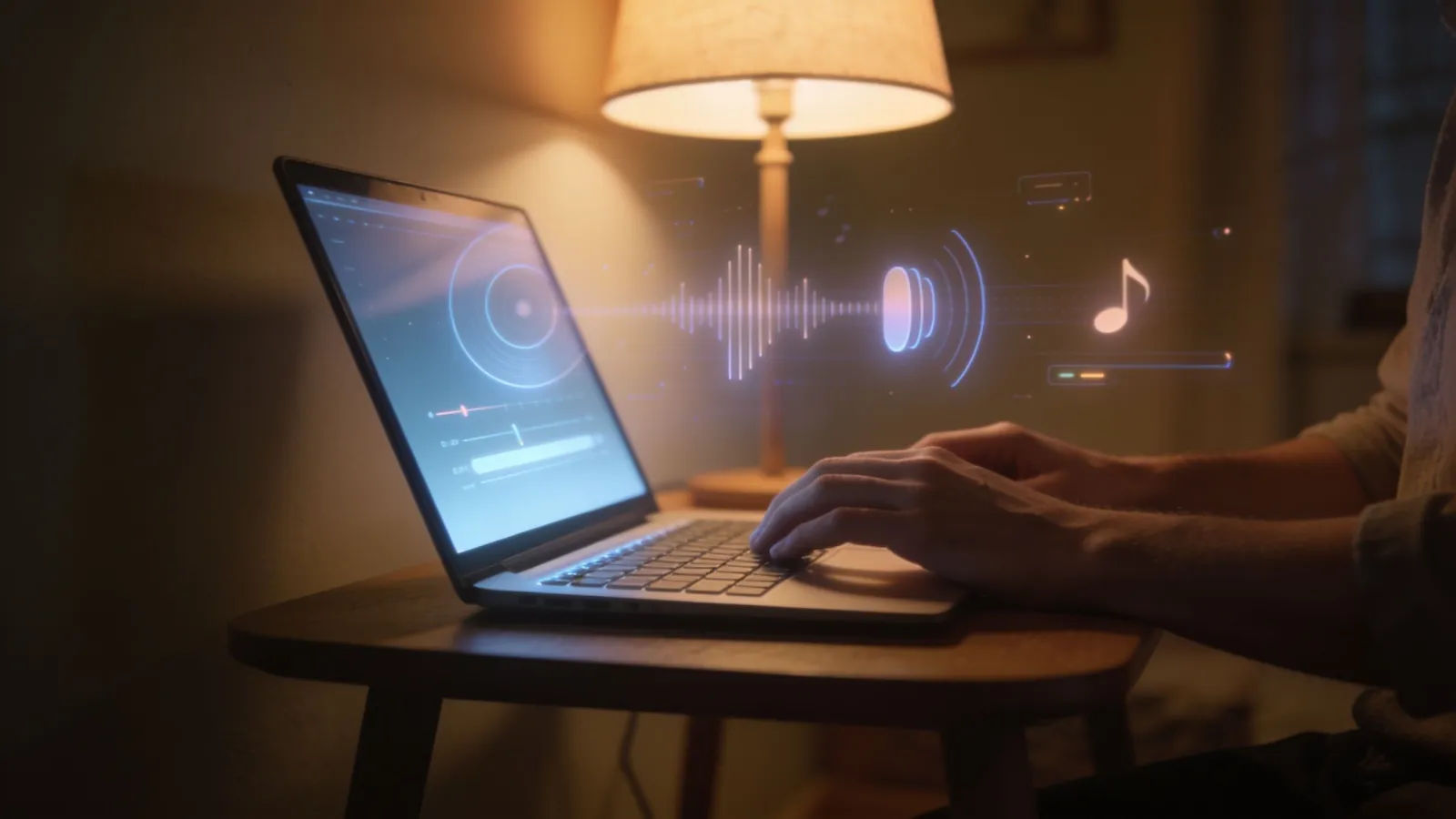 Hands at home desk with laptop and soft audio shapes