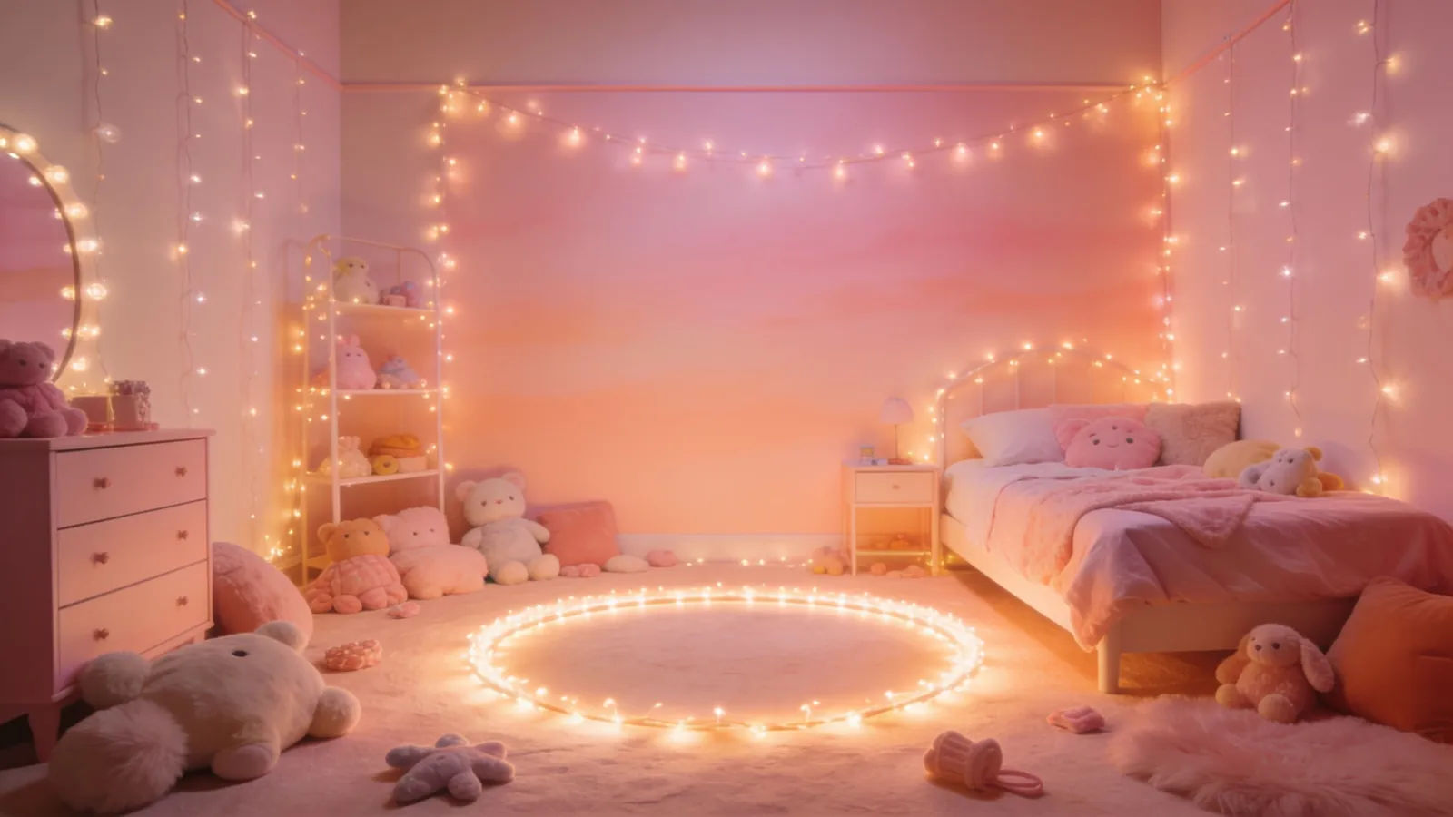 Pastel playful bedroom studio with fairy lights