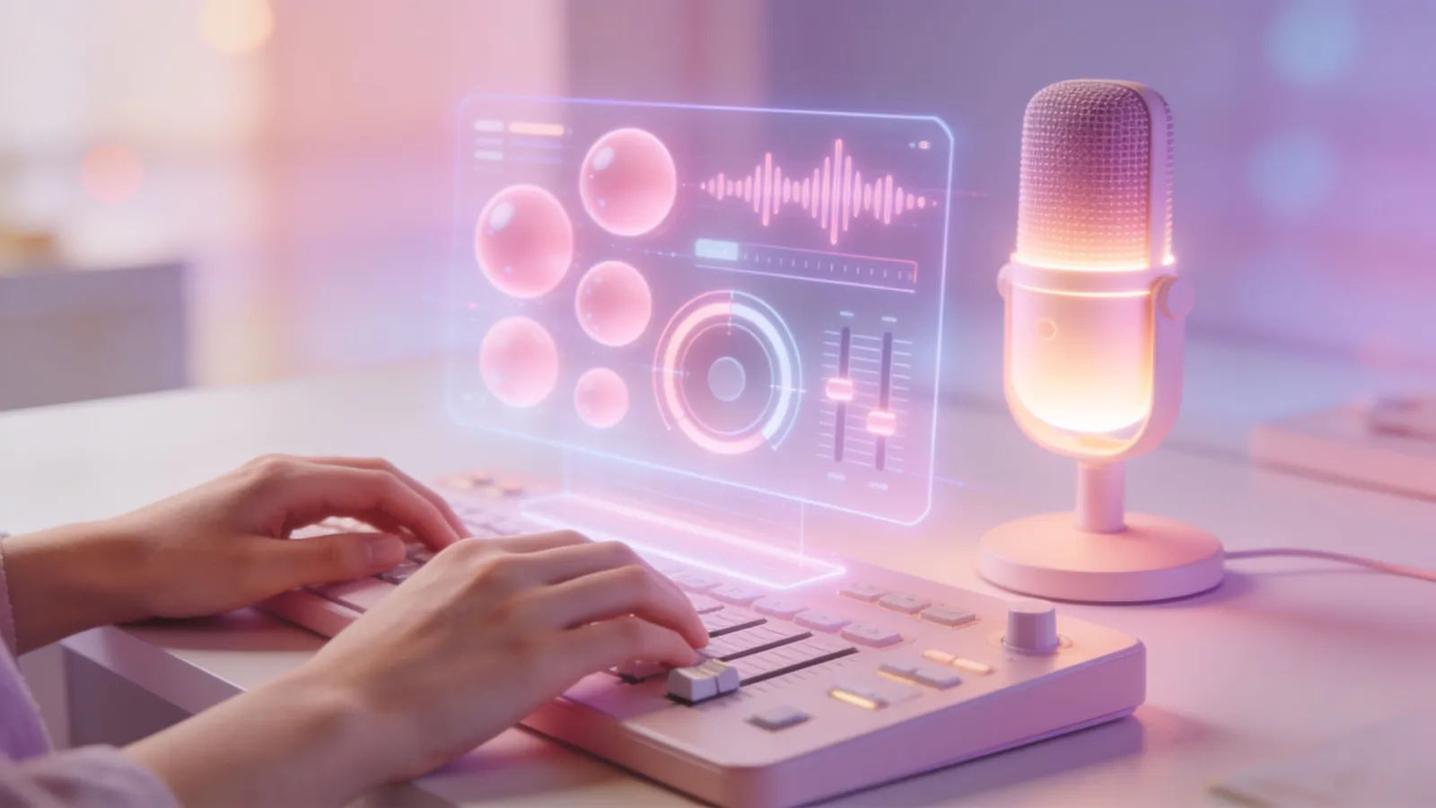 Hands at a pastel console with pink audio interface
