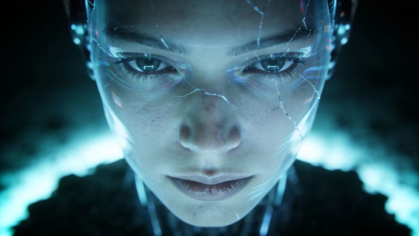 Android figure with fractured translucent face, cyan light
