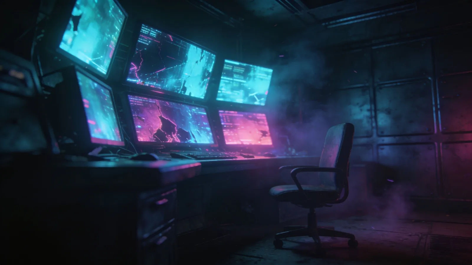 Dim futuristic control room, failing cyan-magenta monitors