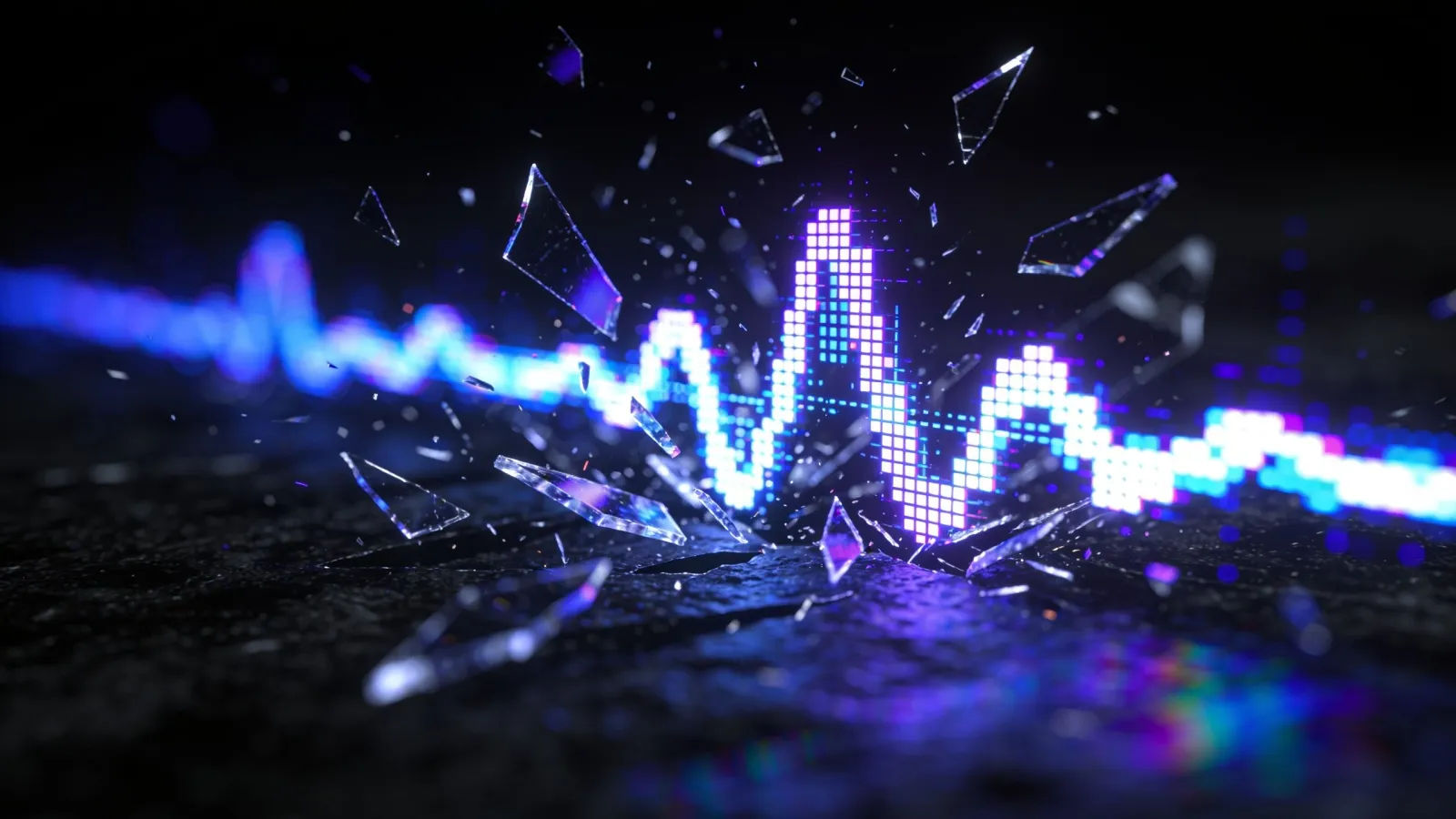 Corrupted waveform shattering into pixel shards